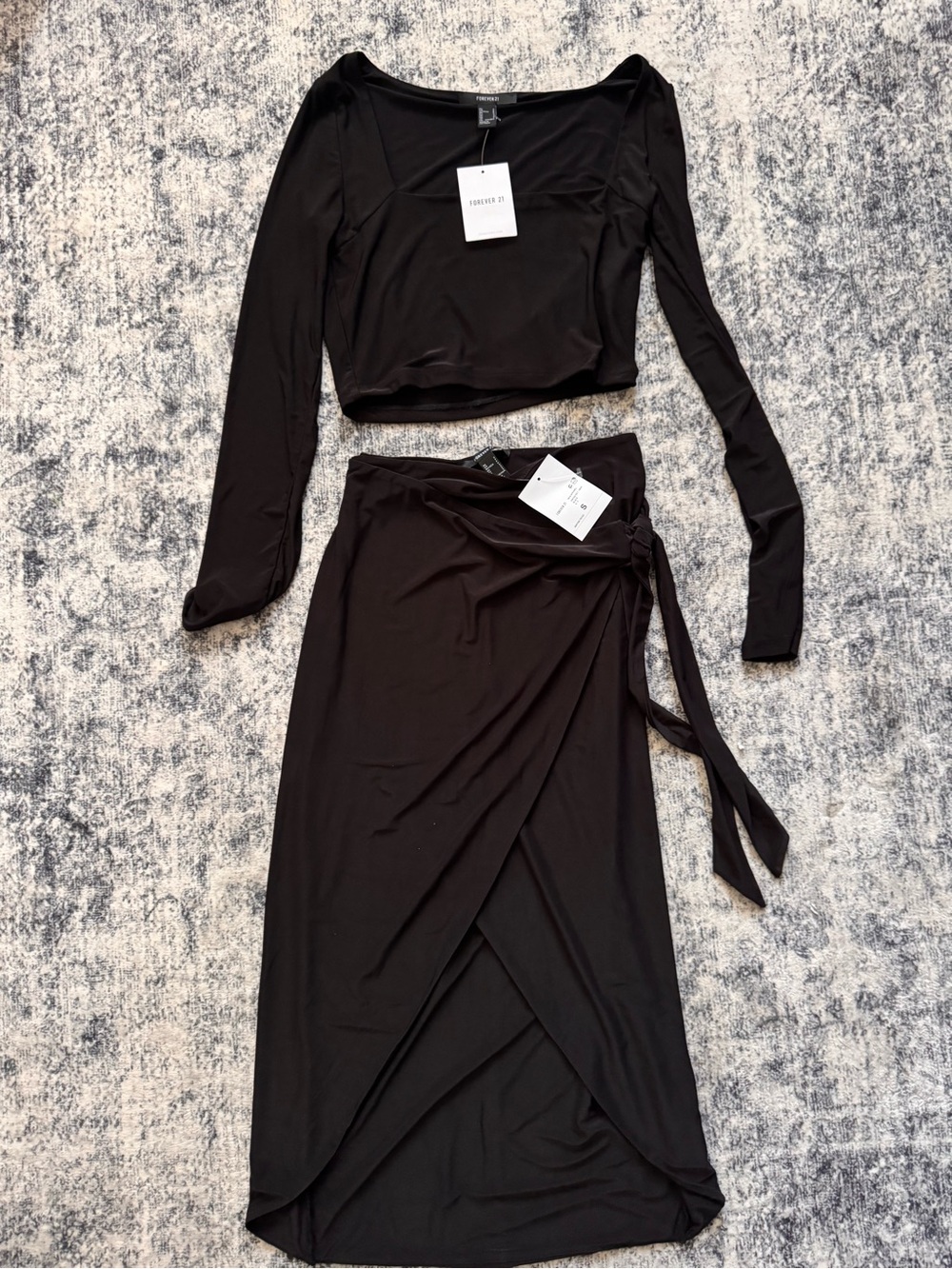 Black Wrap Midi Skirt Set - Women's Elegant Tie Waist
